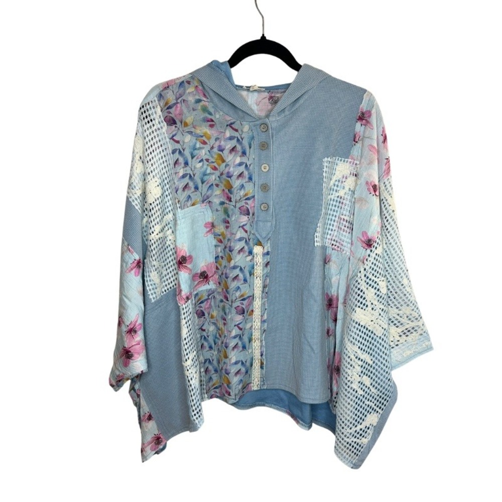 POL Patchwork Floral Lace Waffle Knit Hoodie Top Blue Small Oversized NEW